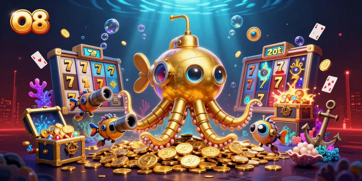 O8 showcases vibrant slot gameplay with a golden kraken submarine surrounded by golden coins.