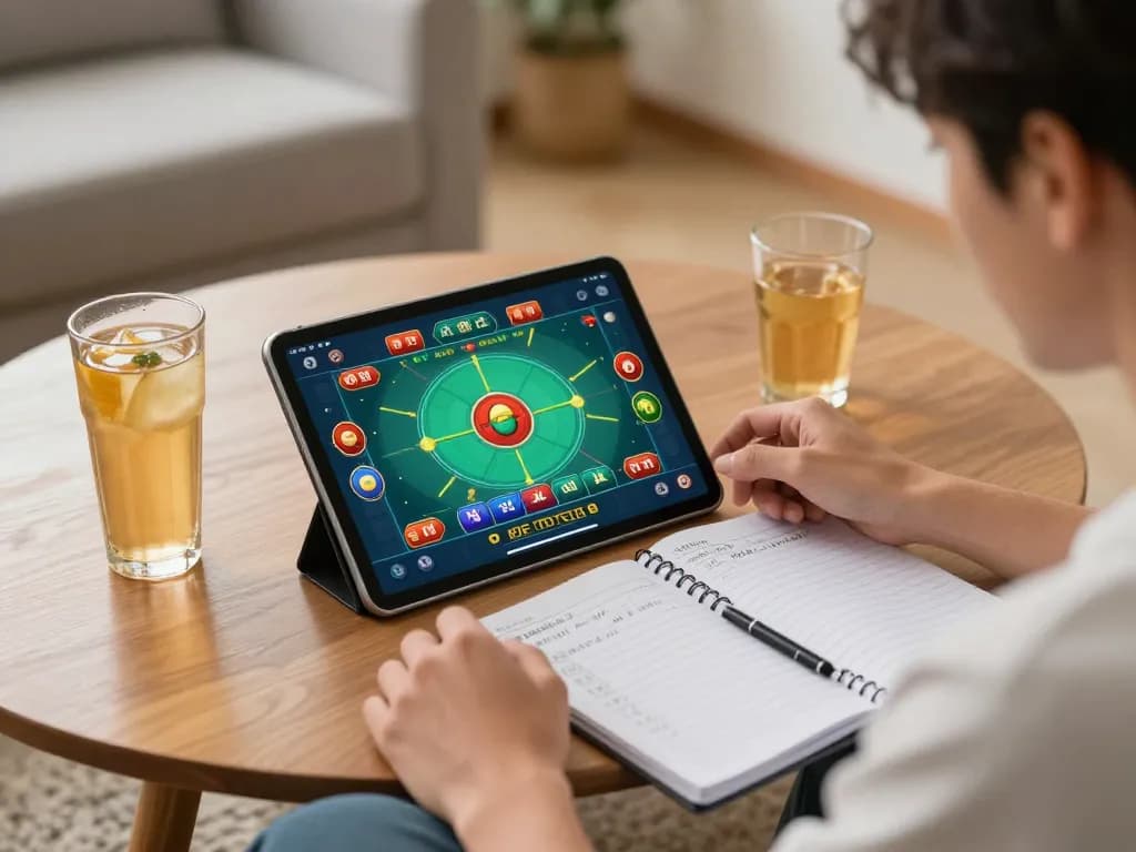 Tài xỉu online gameplay on tablet with strategic notes in a cozy home setting.