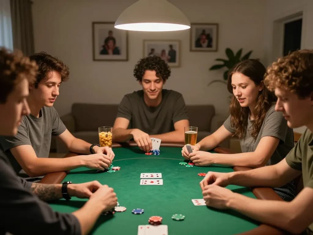 Friends enjoying an exciting poker night at home, placing bets and analyzing cards with hwg500 casino games atmosphere
