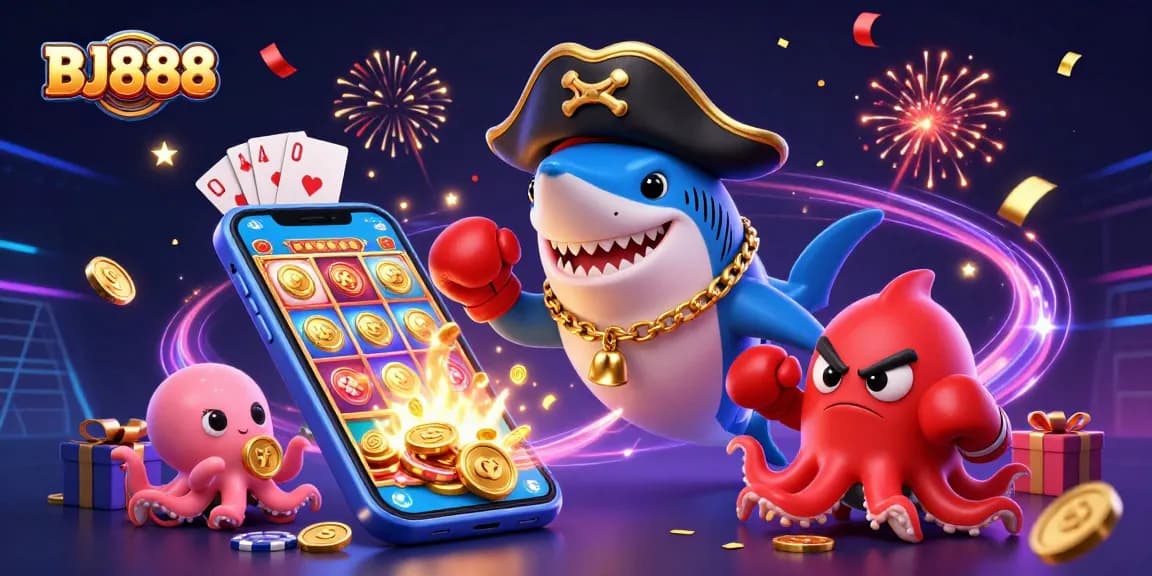 Engage in thrilling games at BJ888 with vibrant characters celebrating exciting wins in a dynamic casino environment.