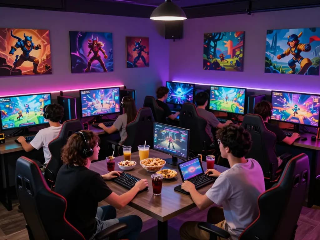 Group of friends playing game sex simulators in vibrant gaming lounge with colorful lights.