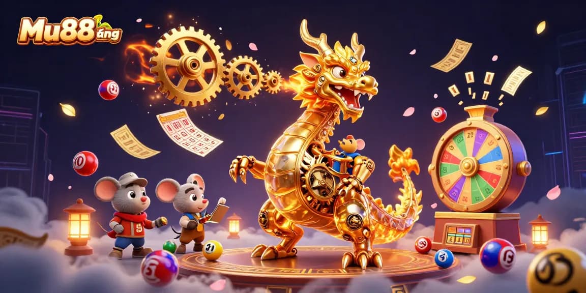Engage in thrilling Mu88đăng ký experiences with a golden dragon and dynamic lottery elements in an exciting casino setting.