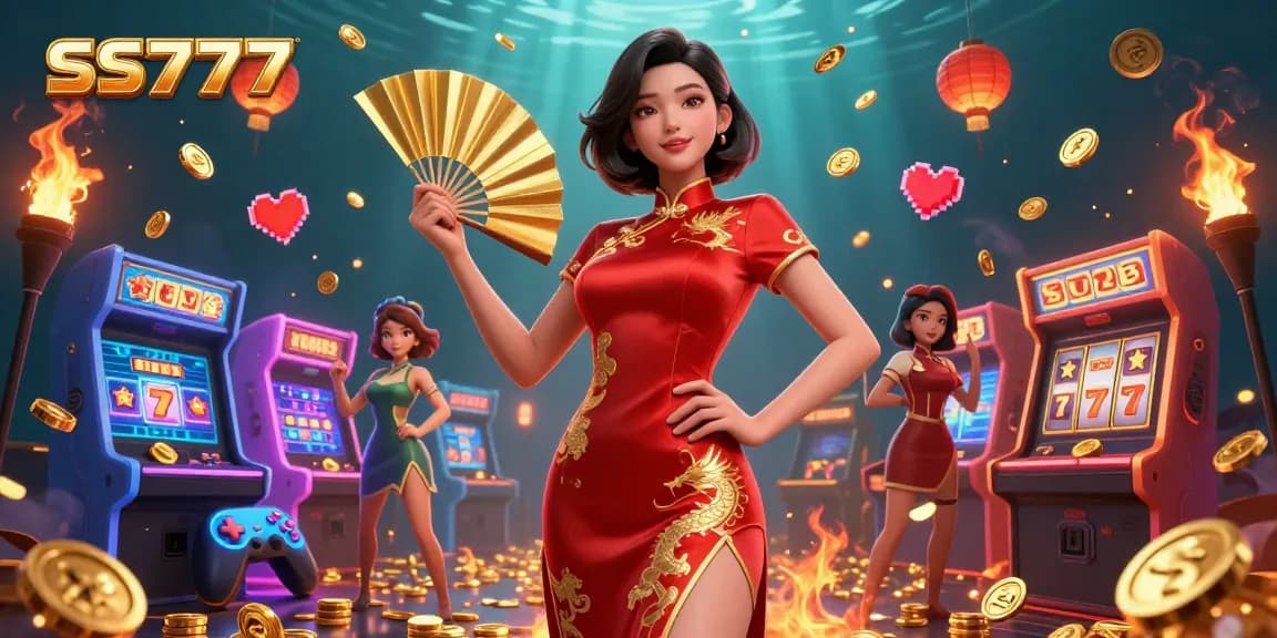 Experience the thrill of gaming with SS777's vibrant casino scene featuring a confident woman among floating lanterns and coins.