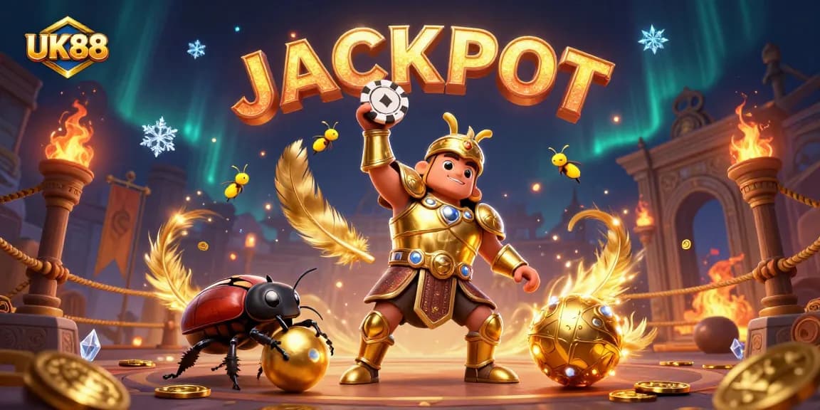 Experience the excitement of UK88 as a victorious beetle lifts the jackpot poker chip amidst a dazzling casino scene.