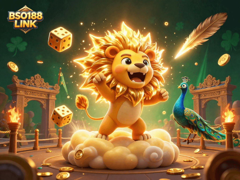 Engage in thrilling games with BSO188 LINK, featuring a vibrant lion and golden dice under cosmic elements.