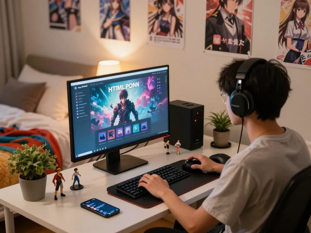 Gamer immersed in HTML porn games in a cozy bedroom setup with themed decor.