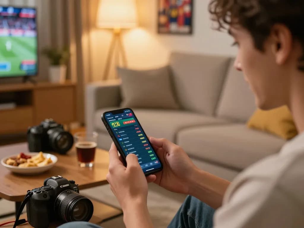 Excited bettor using okfun88 app for live sports betting from home setting.