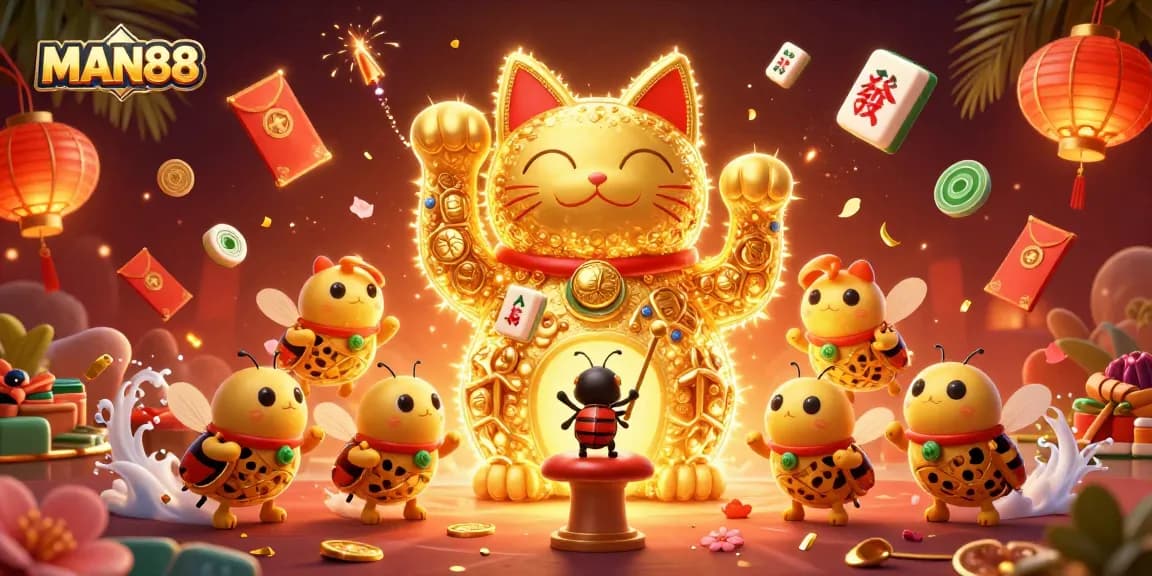 Engage in thrilling experiences at MAN88 with a vibrant illustration of a lucky cat and casino elements.
