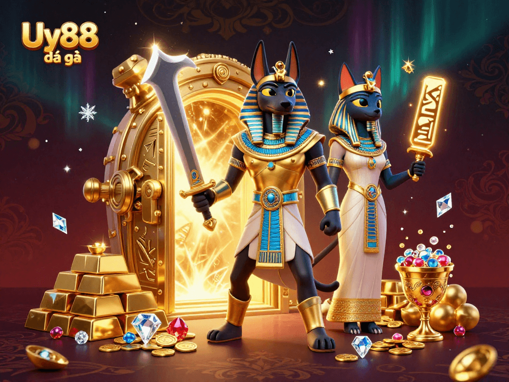 Experience the thrill of Uy88 đá gà with colorful characters and gleaming treasures in this dynamic casino illustration.