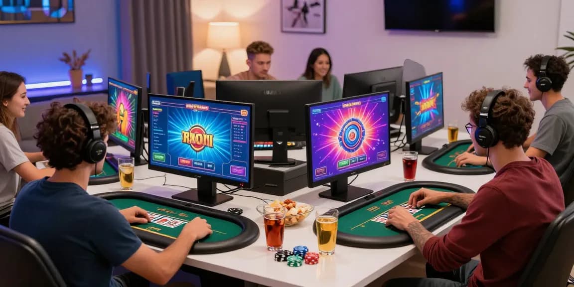 Scena di gioco entusiasmante a casa incentrata sui casino non AAMS, con giocatori che si divertono con slot online e giochi da tavolo in un'atmosfera vibrante.