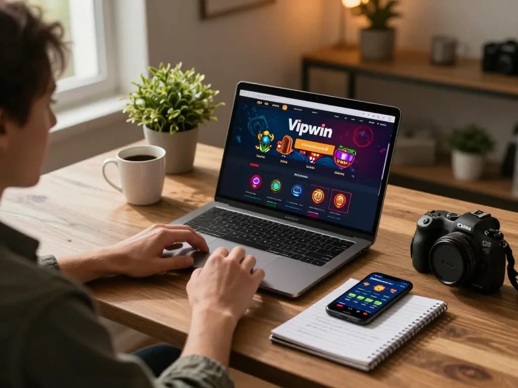 Person playing online casino games on Vipwin from a cozy home office.