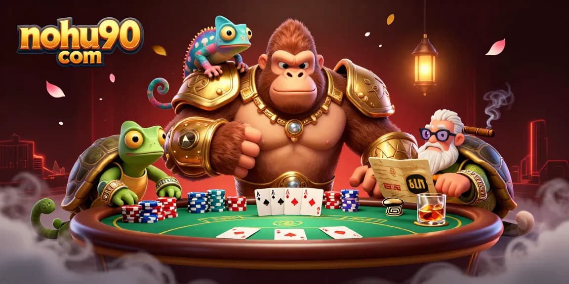 Engage with nohu90 com poker action featuring vibrant cartoon gorilla, chameleon, and tortoise amidst casino glory.