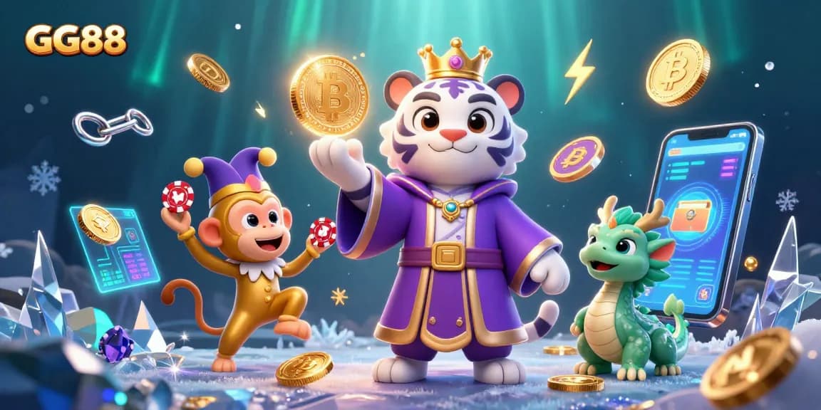 Engage with GG88's thrilling casino adventure featuring a vibrant 3D scene of playful creatures and gaming elements.