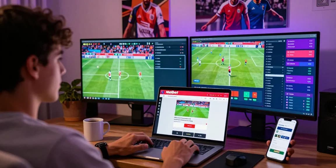 Engaging sports betting experience on https://www.paraguay-melbet.com/ with a user placing live football bets, dynamic and vibrant atmosphere.