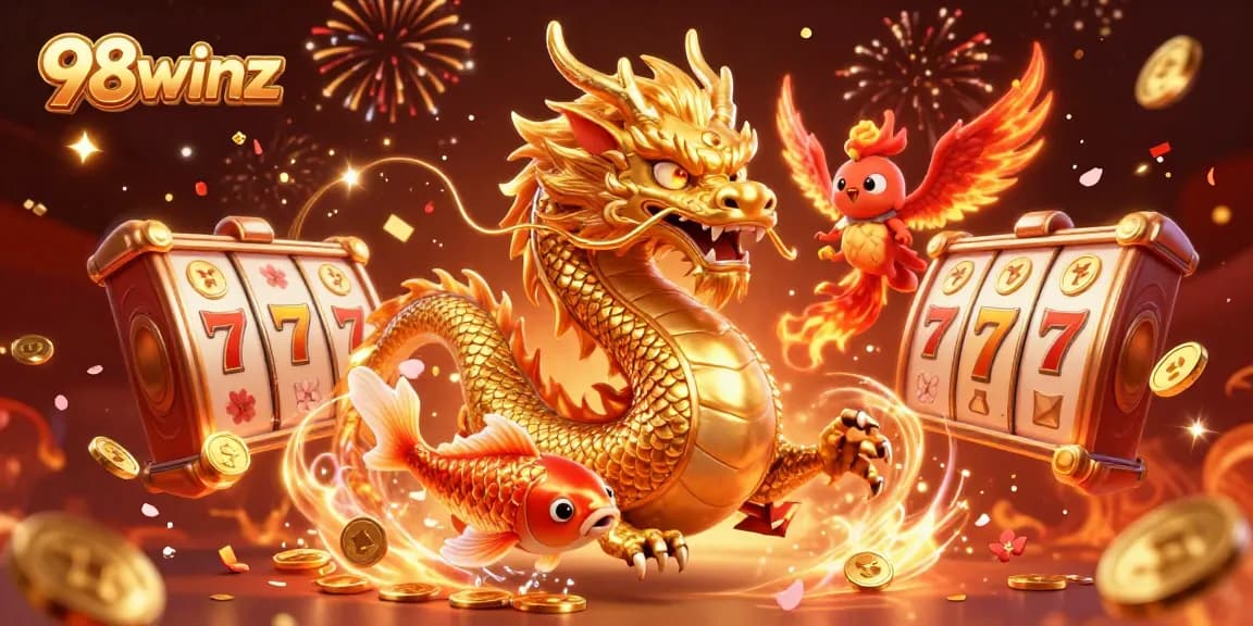 Experience thrilling gameplay with 98winz as a golden dragon and phoenix celebrate amidst slot excitement and lucky symbols.