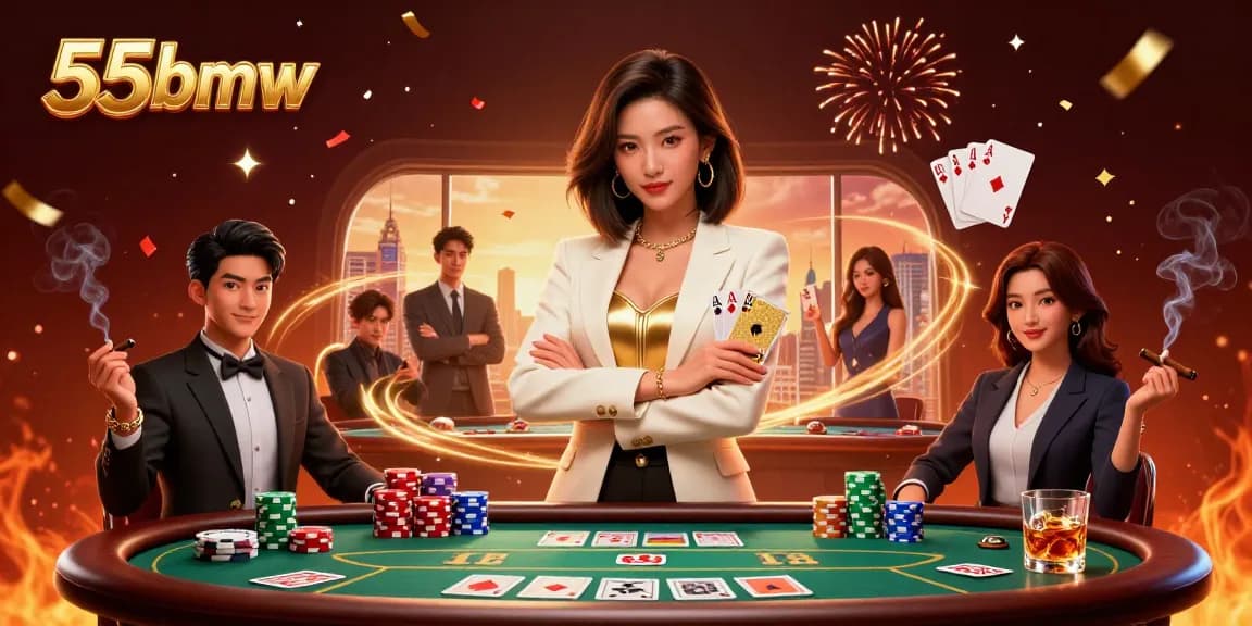 Experience thrilling wins at 55bmw, showcased by a powerful businesswoman holding golden cards amidst a vibrant casino.