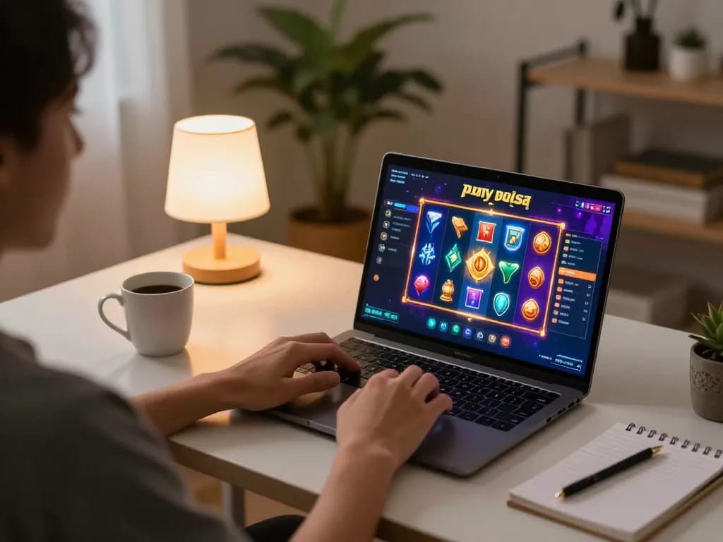 Engaging in slot pulsa gameplay on a laptop in a cozy home setup, showcasing colorful game interface and strategic notes.