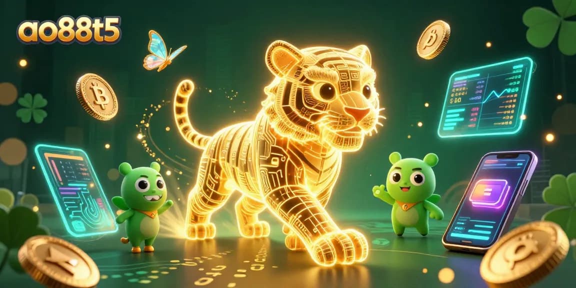 Engage with the vibrant world of ao88t5's virtual casino, featuring a dynamic golden tiger and neon elements.