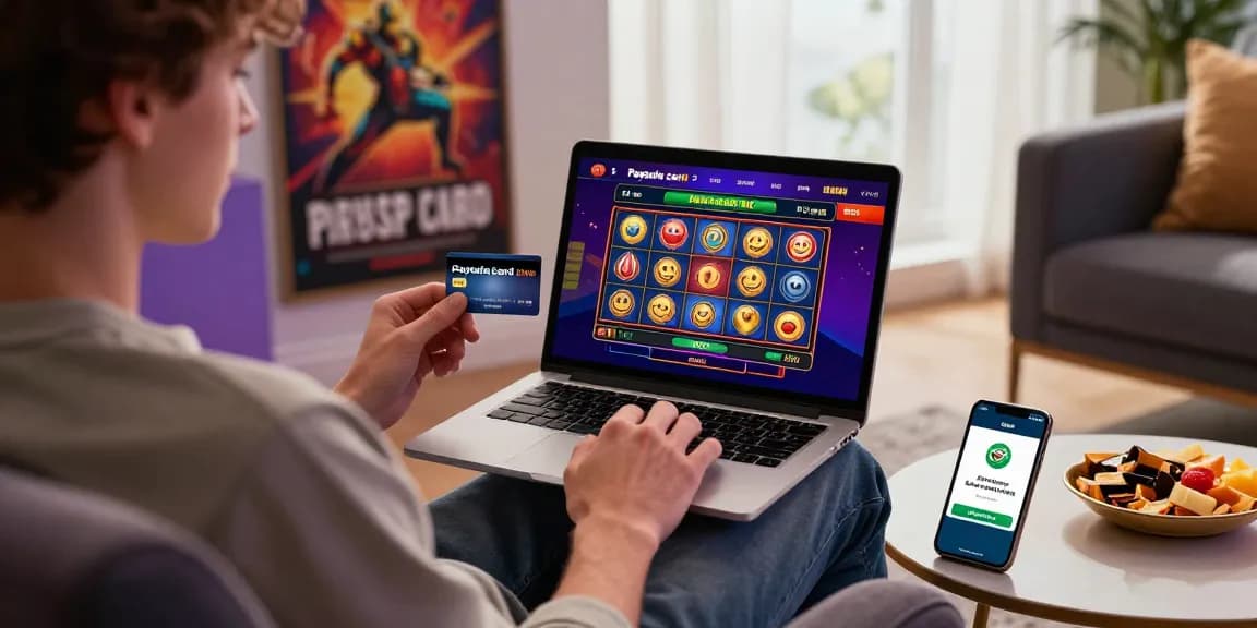 Buntes Paysafe-Karten-Casino-Szenario mit einem Spieler, der sicheres Online-Gaming auf einem Laptop genießt