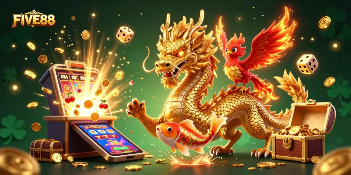Win incredible jackpots at FIVE88 with an exciting 3D casino illustration featuring a golden dragon and vibrant gaming elements.