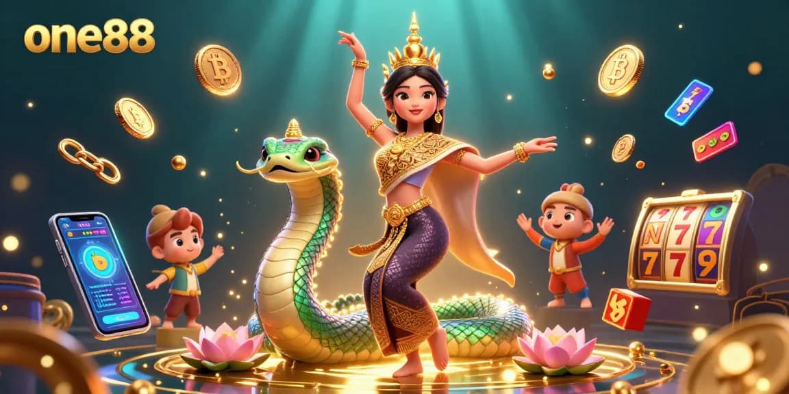 Spin the reels with one88 in this vibrant 3D casino scene featuring crypto elements.