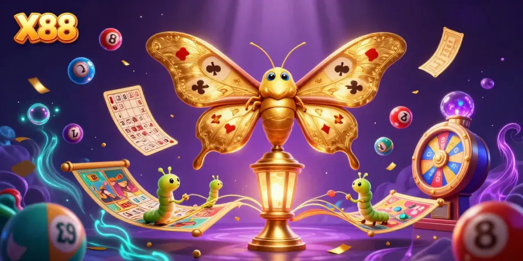 X88 showcases a vibrant casino scene with golden moths and colorful game elements in a dynamic and lively illustration.