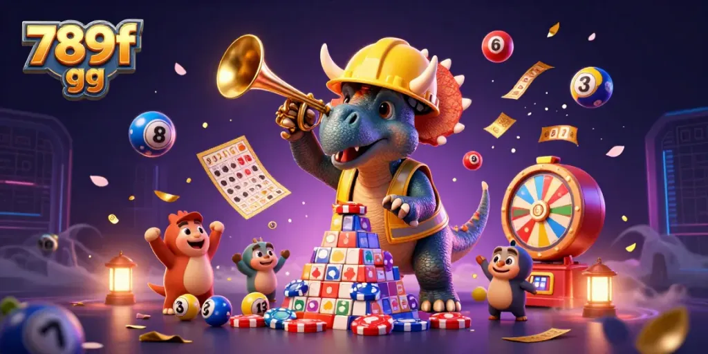 Join the fun at 789f gg with cartoon dinosaurs celebrating at a lively casino scene.
