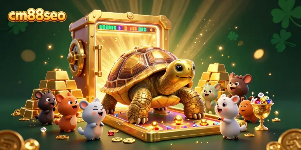Experience the thrill of cm88seo with a vibrant golden tortoise pinball casino scene filled with treasures.