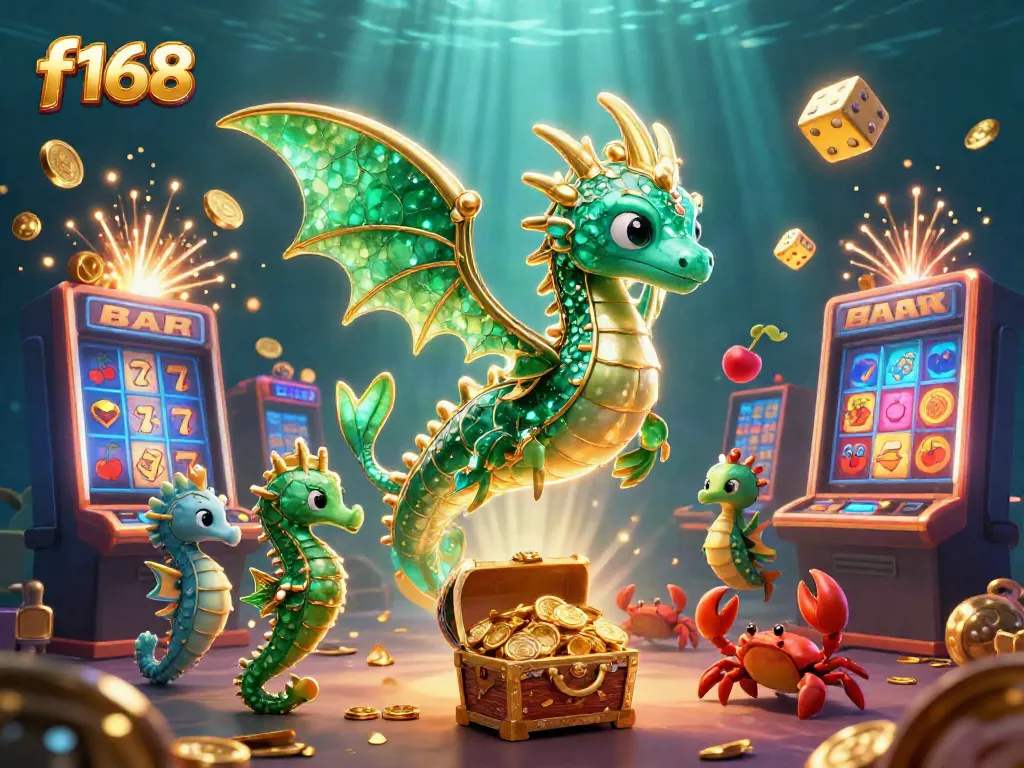 Experience the excitement of f168 with a stunning underwater casino scene featuring mythical creatures and winning moments.