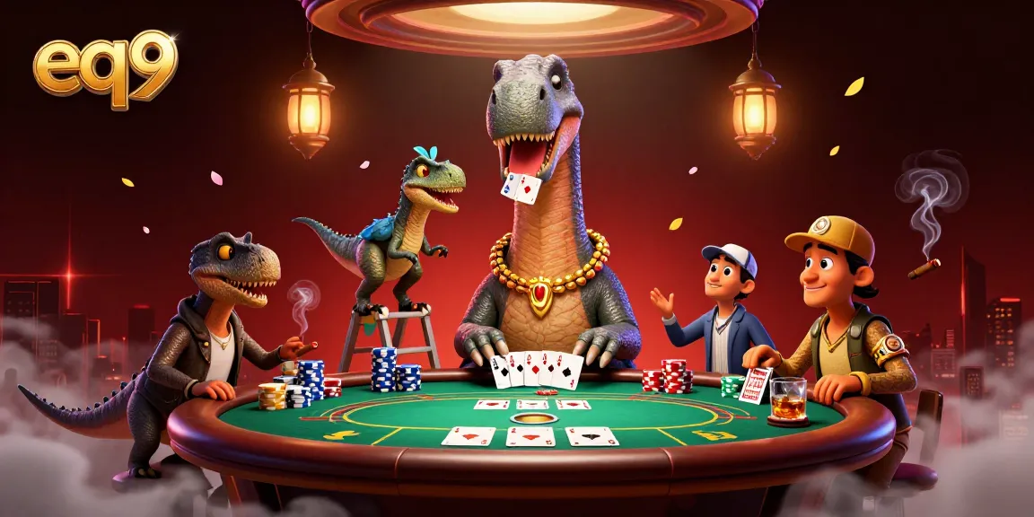 EQ9 casino illustration featuring dinosaur dealers and poker elements in a vibrant setting.
