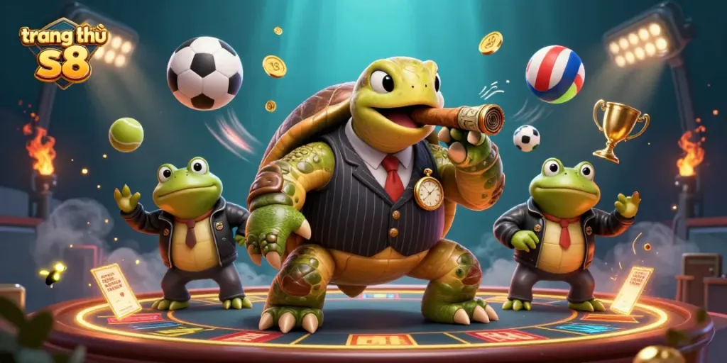 Experience the thrill of gaming at trang chủ s8 with a vibrant 3D illustration featuring charismatic characters and dynamic casino elements.