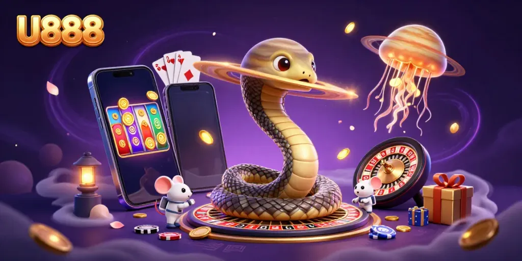 U888's vibrant casino adventure with cartoon characters betting on a cosmic roulette wheel