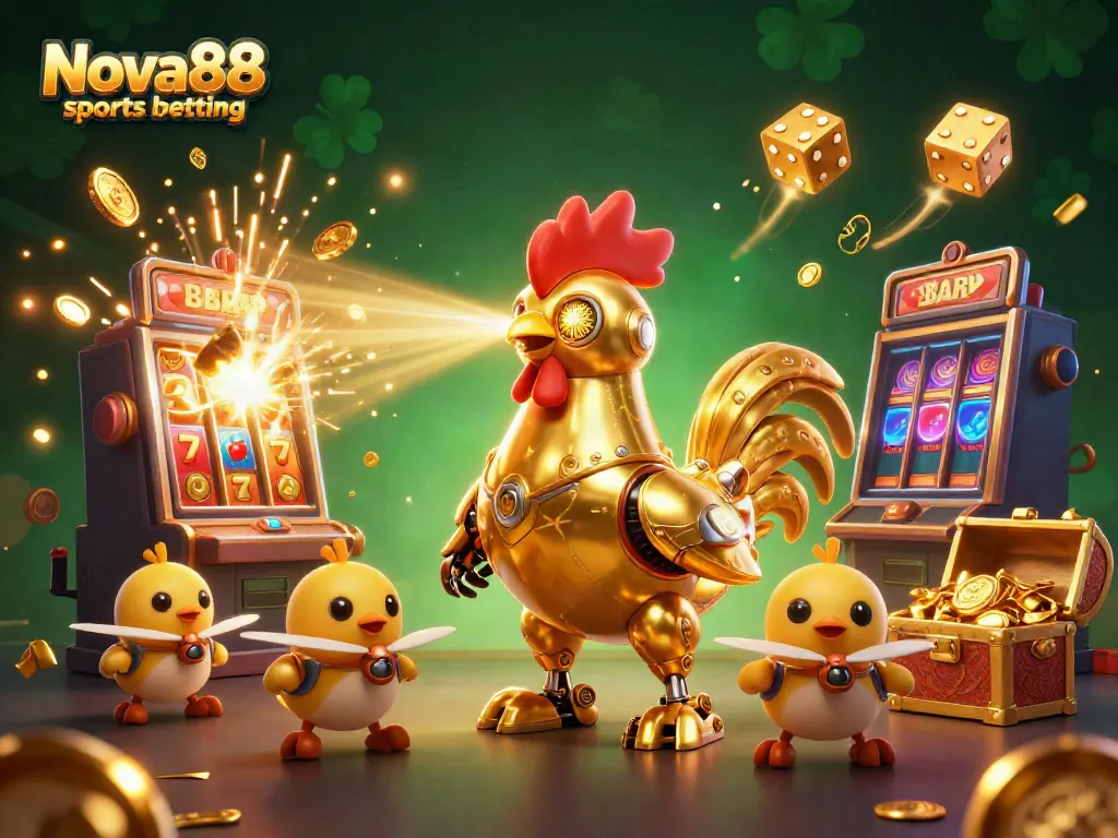 Engage in Nova88 sports betting with our vibrant scene featuring dynamic characters and casino elements.
