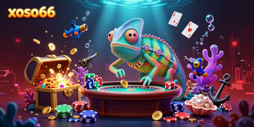 Experience thrilling gaming at xoso66 with this vibrant 3D chameleon casino scenario filled with excitement.