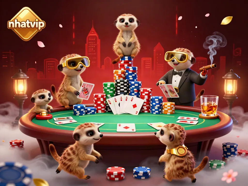 Experience the thrill of nhatvip's vibrant casino scene with playful meerkats and dynamic poker elements.