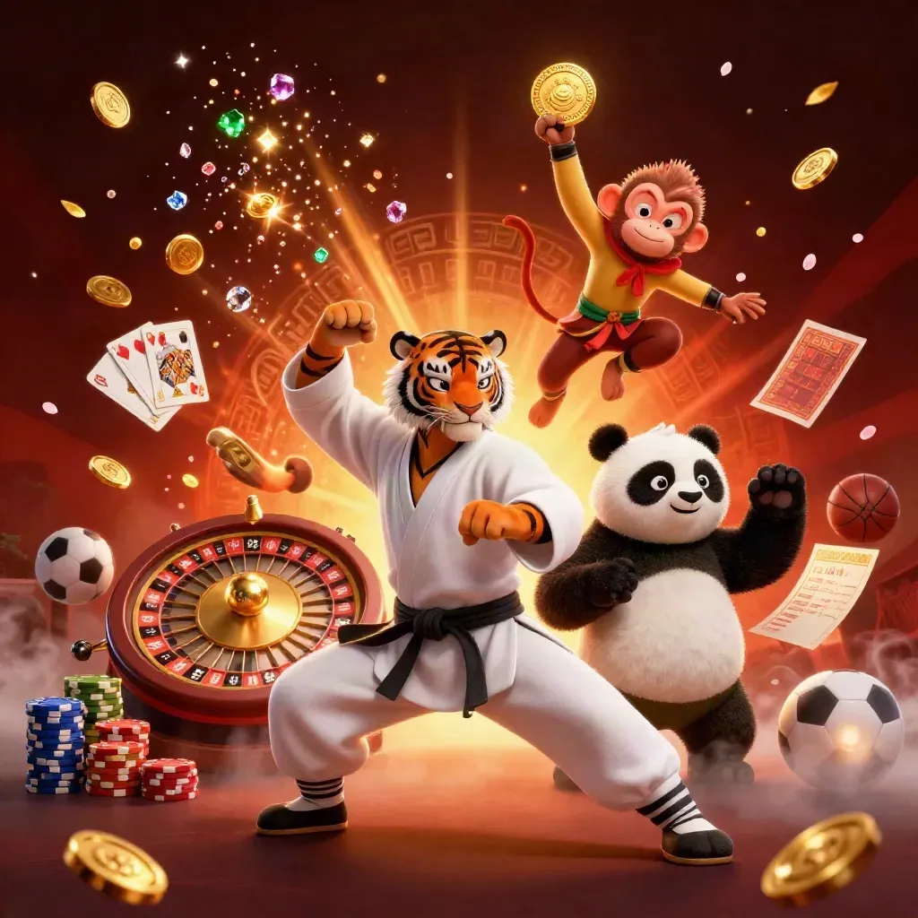 Tiger master, panda disciple and monkey amid casino treasures, glowing coins and neon action.