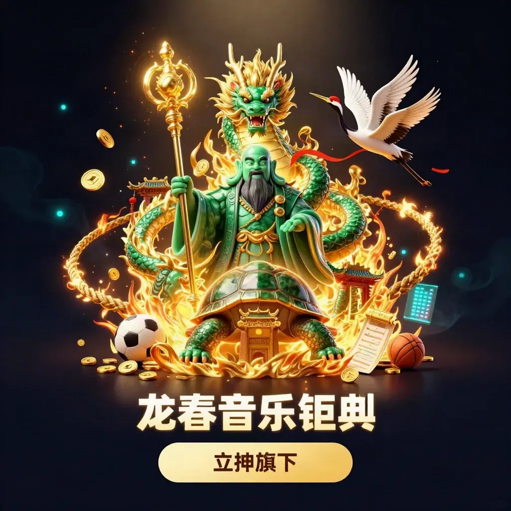 Emerald dragon, turtle sage and cranes amid gold fire, temple gate, coins and sports props