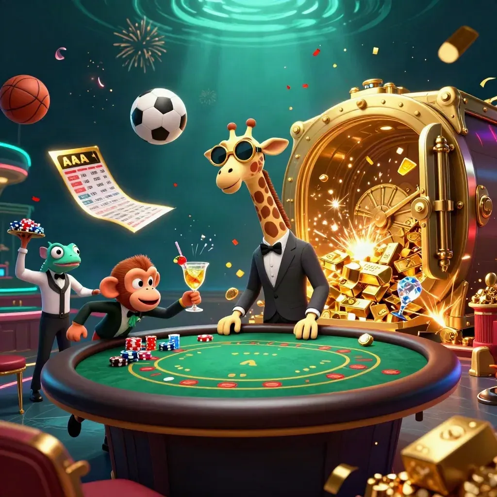 Cartoon giraffe, monkey valet and chameleon bartender amid casino gold, soccer ball and fireworks.