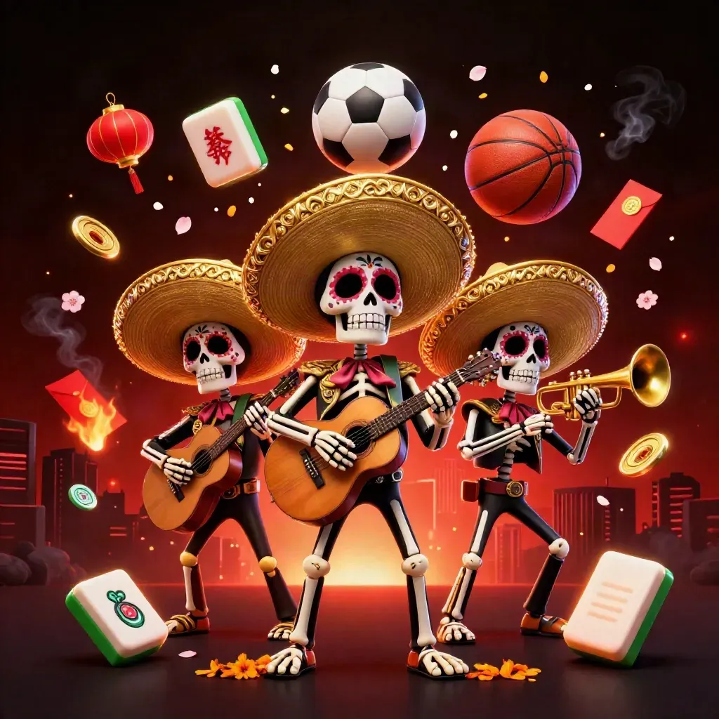 Skeleton mariachi trio amid casino icons, lanterns, coins and sports balls in neon explosive motion.