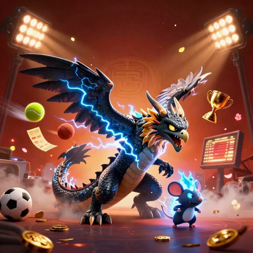 Thunder dragon, wind hawk and static mouse amid flying balls, coins and casino glow