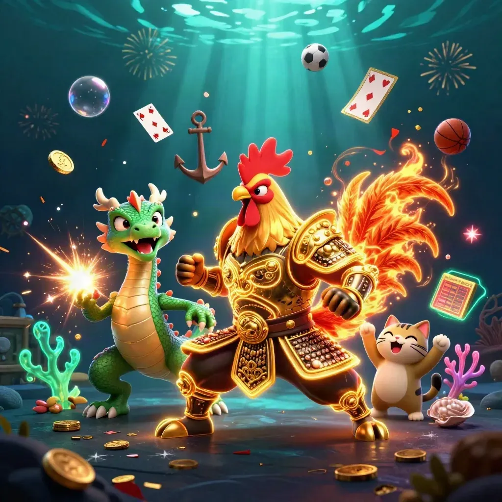 Rooster warrior, dragon hatchling, and fortune-cat in a glowing underwater casino battle scene.