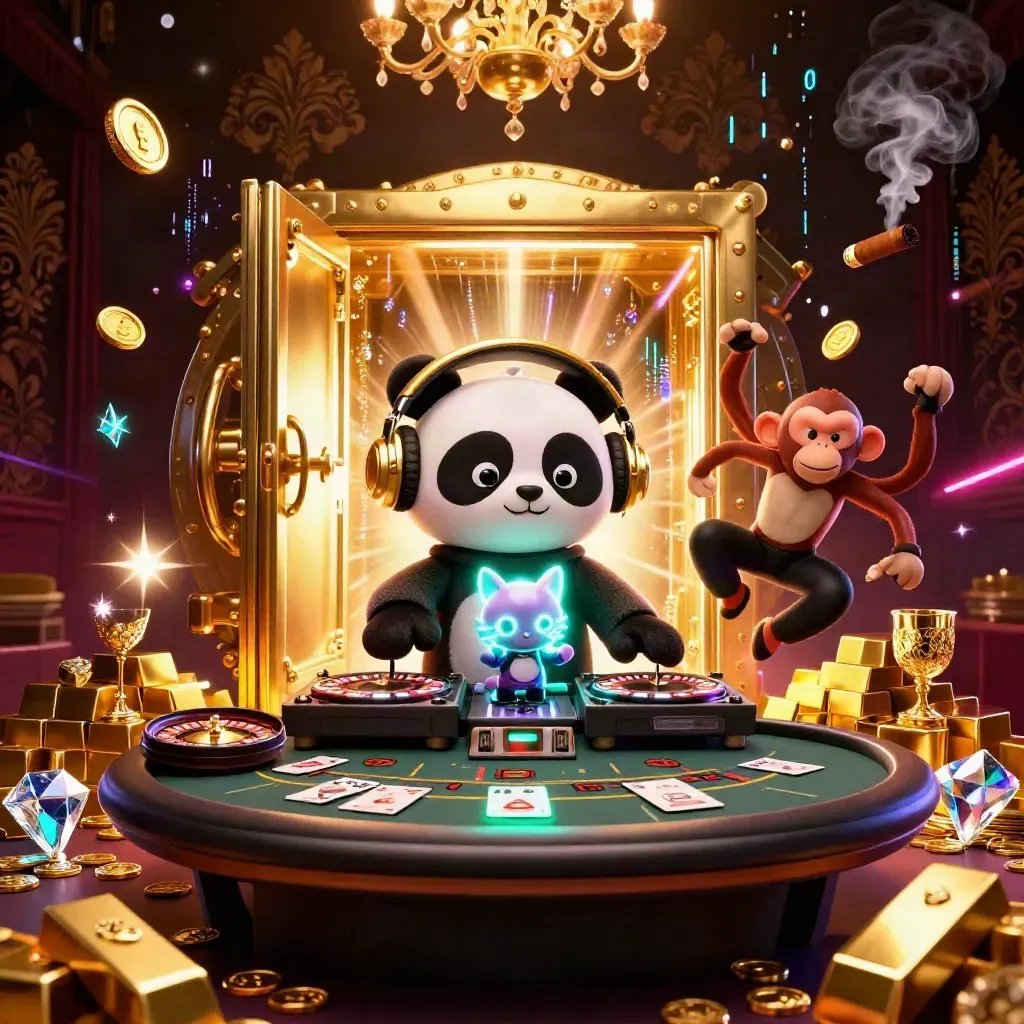 DJ panda, breakdancing monkey, and glow-stick kitten in a neon casino vault scene.