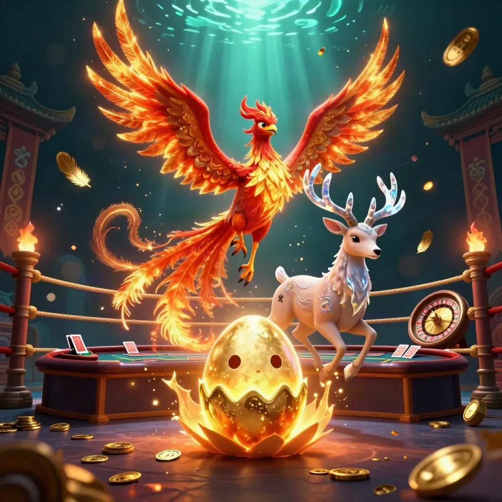 Phoenix, hatchling and crystal stag in a glowing casino temple scene