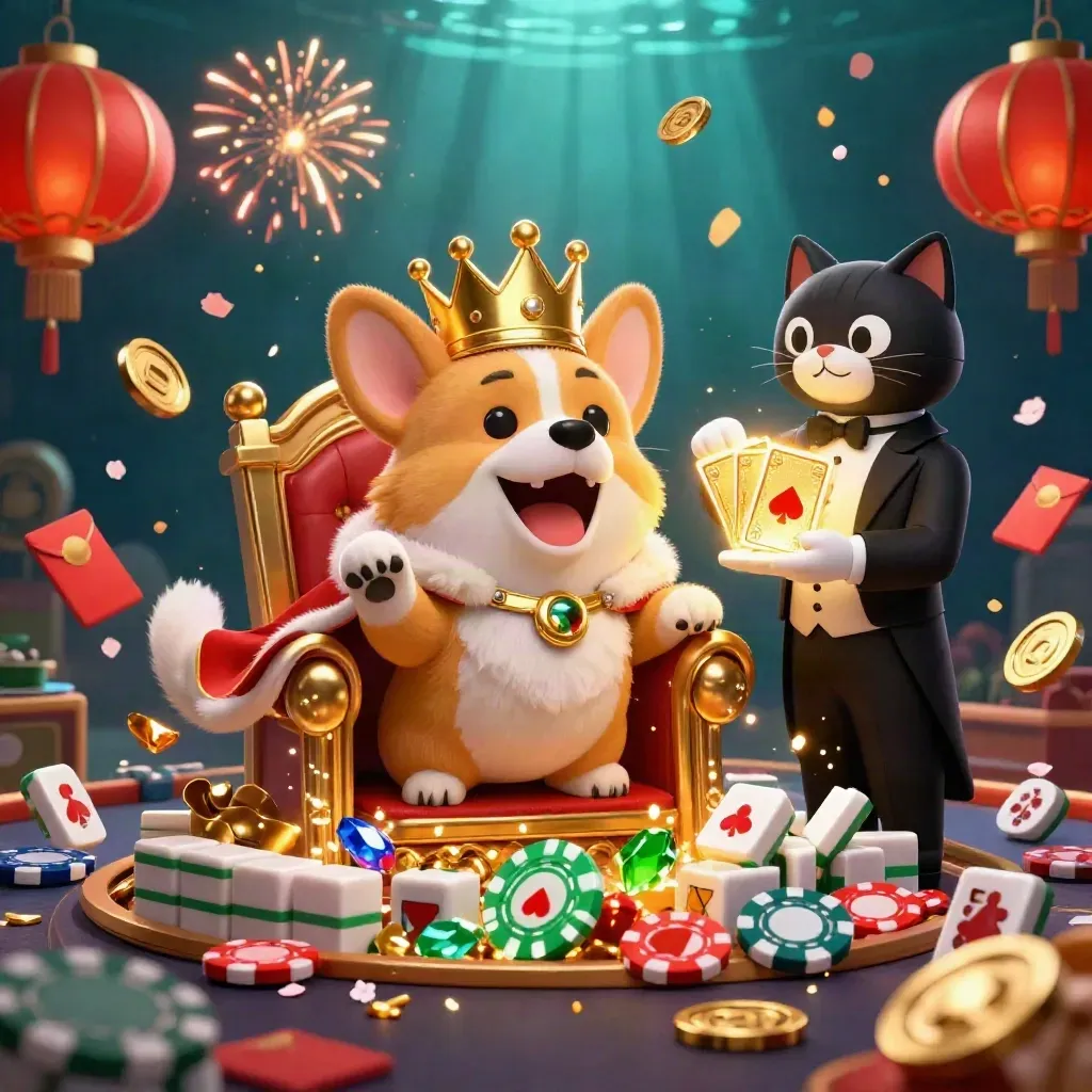 Royal corgi on chip throne with cat butler, casino treasures, lanterns and gold glow underwater.