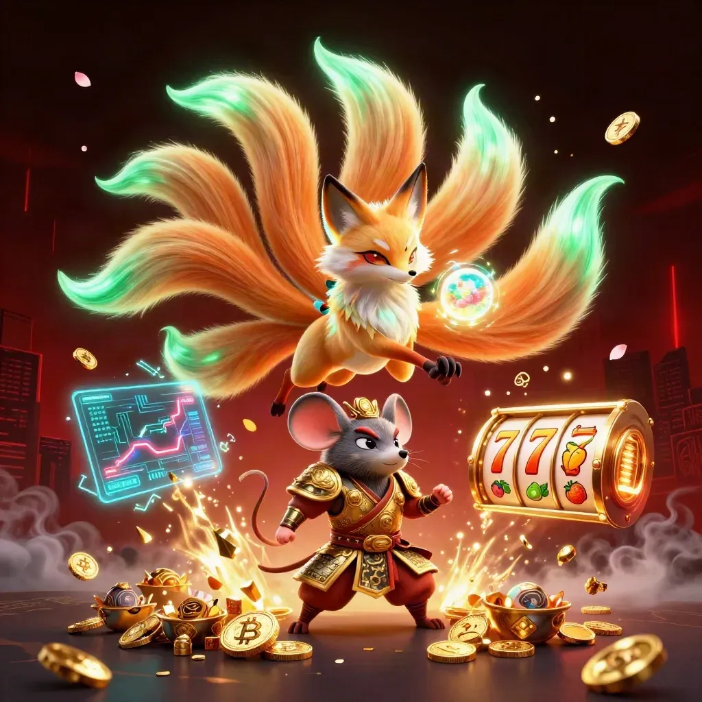 Nine-tailed fox spirit and samurai mouse amid neon coins, casino magic, and glowing treasure