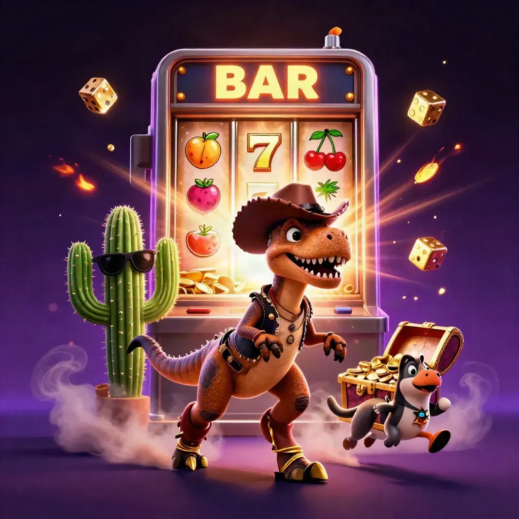 Cowboy T-Rex, cactus sidekick, and roadrunner blast through a glowing slot-machine jackpot scene.