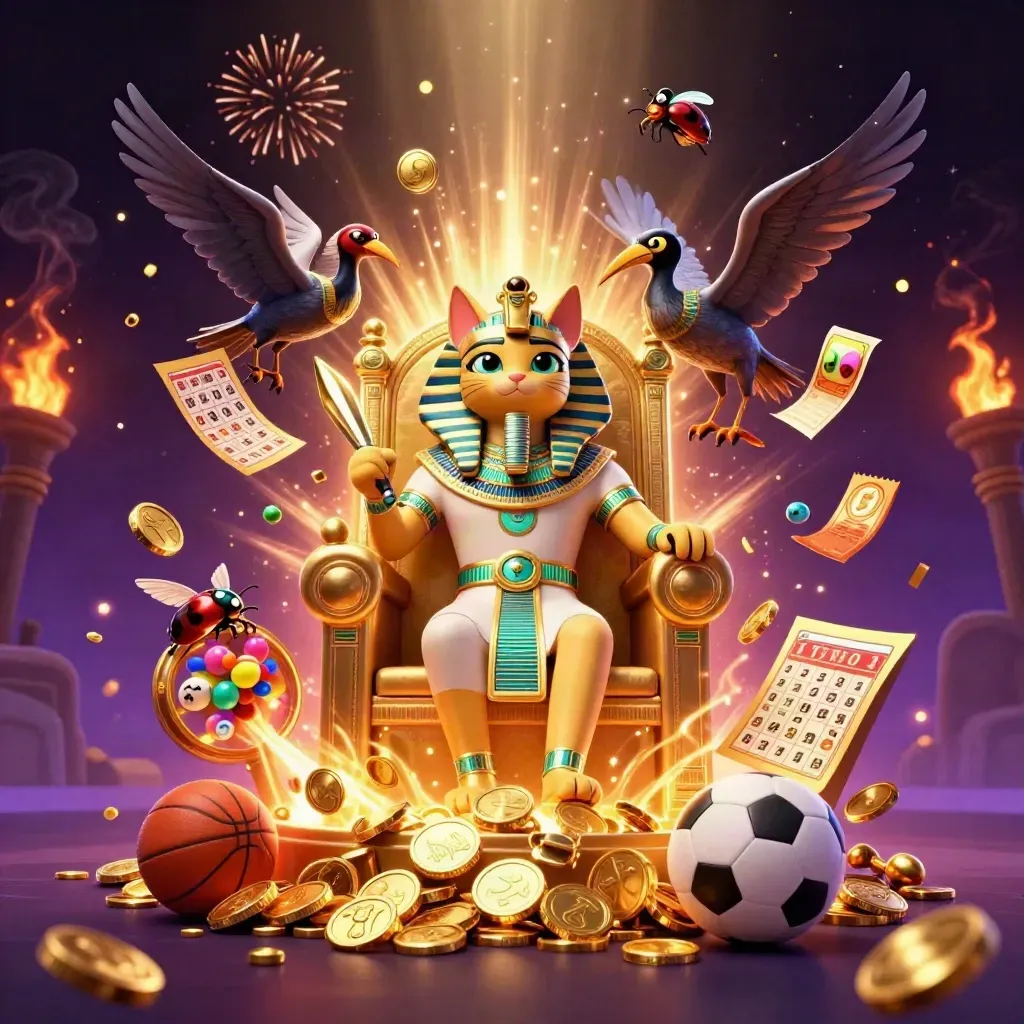 Pharaoh cat, ibis scribe, and gem-wing scarabs in a gold coin casino burst with fireworks.