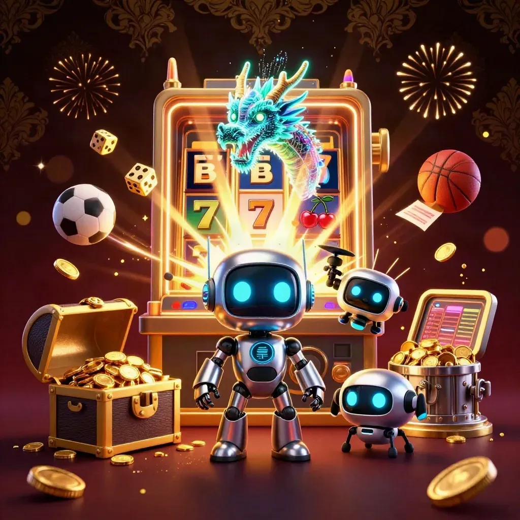 Robot mascot, hologram dragon, and coin drone amid casino jackpots, sports bets, and gold coins.