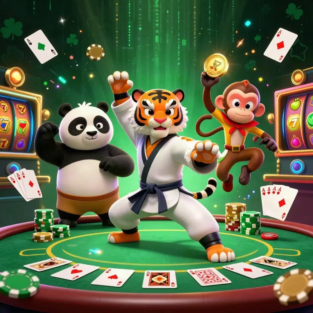 Kung-fu tiger, panda, and monkey on a glowing casino tile with cards, chips, and slot reels.