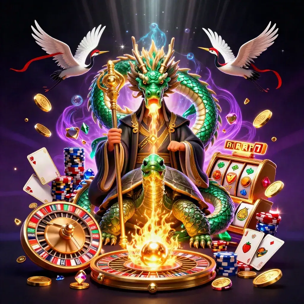 Emerald dragon, turtle sage, and cranes amid casino gold, reels, chips, and glowing magic